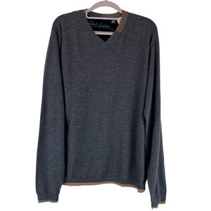 Robert Graham V-neck Pullover Cotton Sweater Micro Stripes at Neck / Hem Gray L